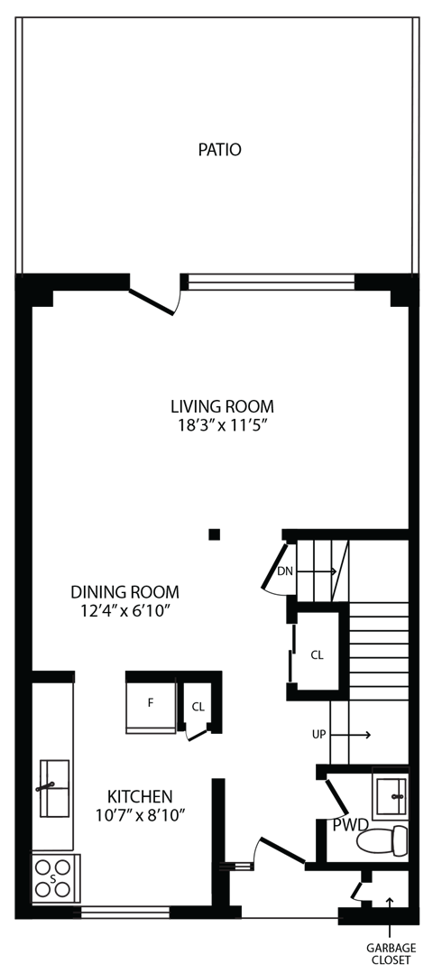 2d floorplan of the ground floor of a 4 bedroom, 2 bathroom town home